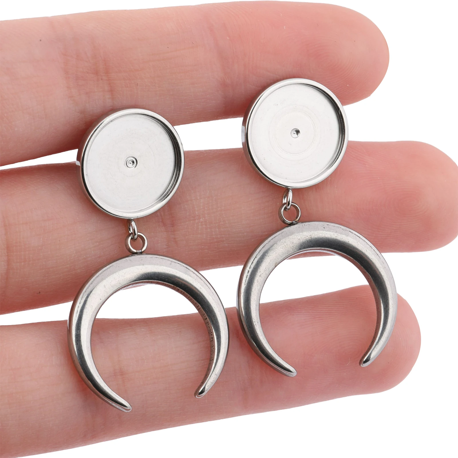 6pcs Stainless Steel Fit 12mm Cabochon Earring Base Setting Blanks Studs With Moon Charms Diy Jewelry Making Findings