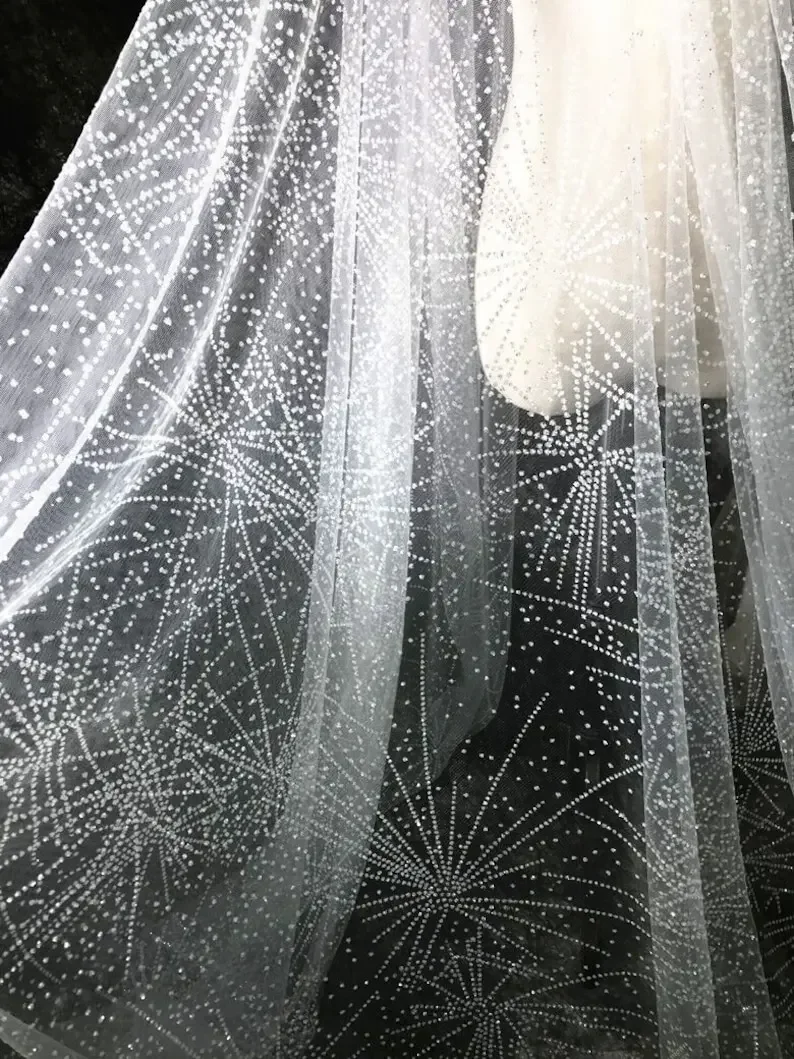 Tessuto di pizzo fuochi d'artificio con paillettes oro champagne tessuto di tulle con fiori di paillettes per abito da sposa Velo da sposa Abito da tutu Abito da bambino 1 metro