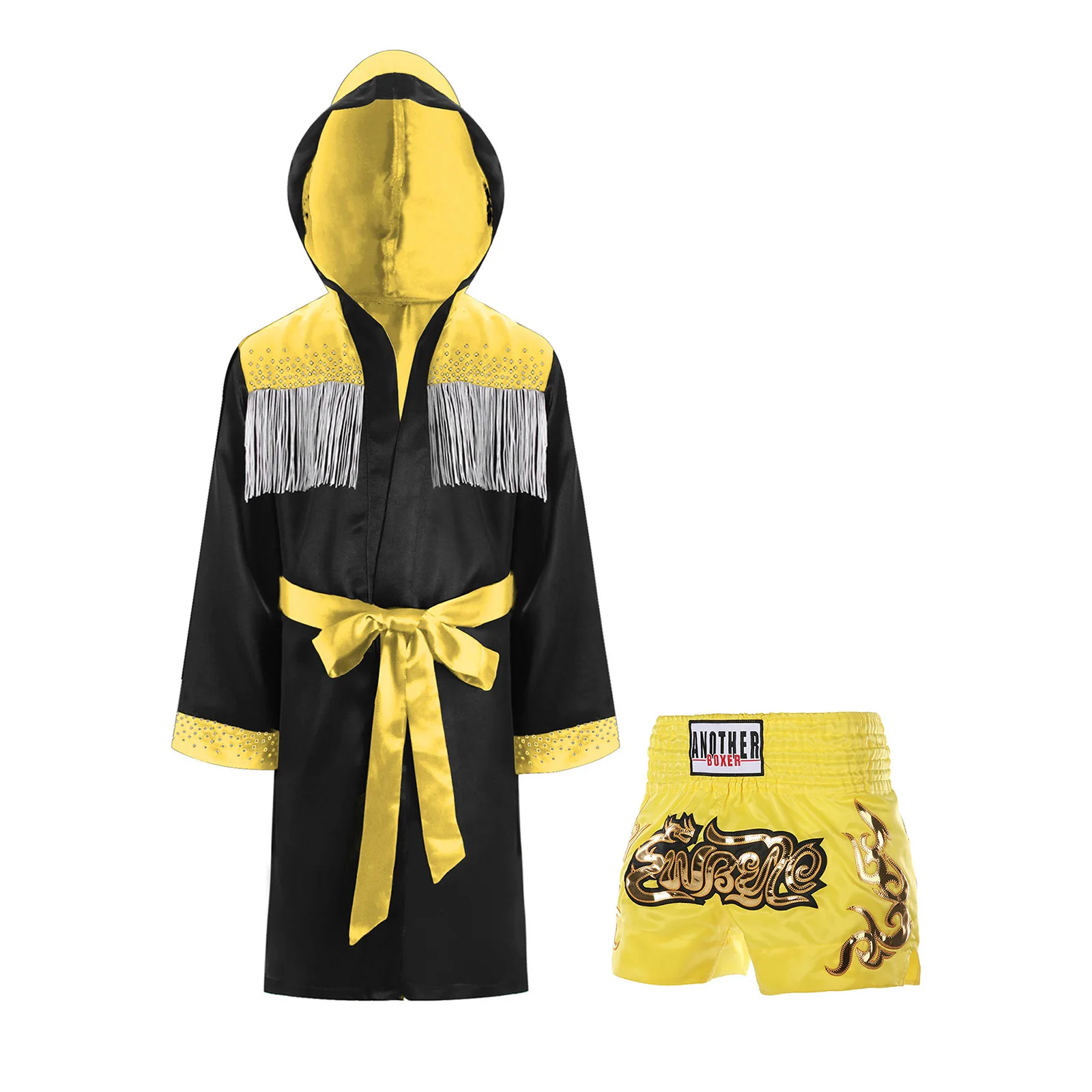 

Boys Boxing Practicing Costumes Long Sleeve Hooded Cloak Robe with Belt And Elastic Waistband Shorts Set for Competition Outfits