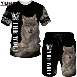 YUHA, The Wolf, camiseta y pantalones cortos con estampado 3D, traje de verano para hombre, camisetas de manga corta con cuello redondo, ropa deportiva informal para hombre/mujer, Tracksui