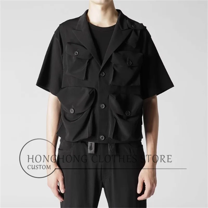 

New original design acetate fabric multi-pocket workwear-style vest with hollowed-out back in large size