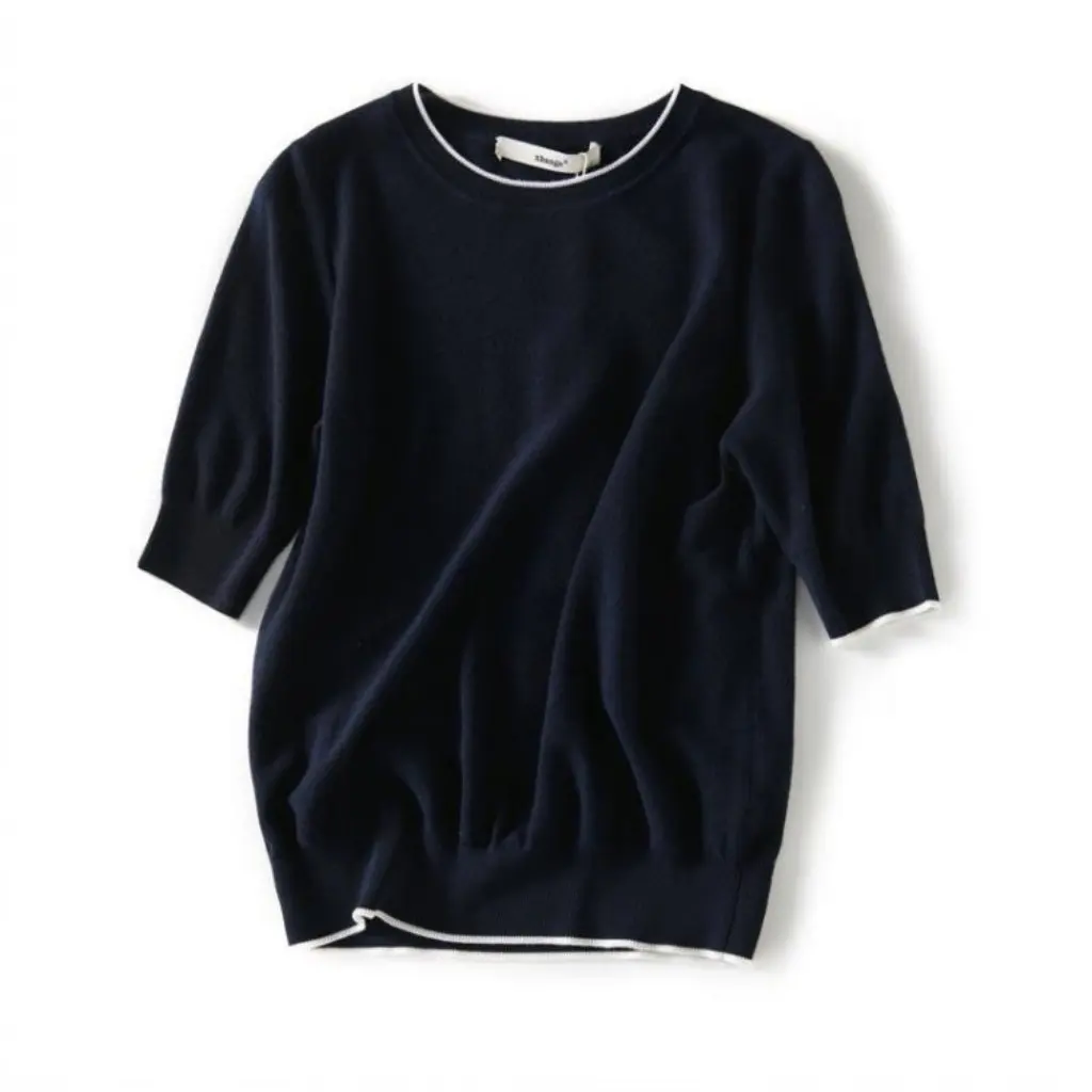 

Women's Knitted Mid-Sleeve Top Spring Summer Slimming Western Style Ice Silk round Neck T-Shirt Trendy Pure Color