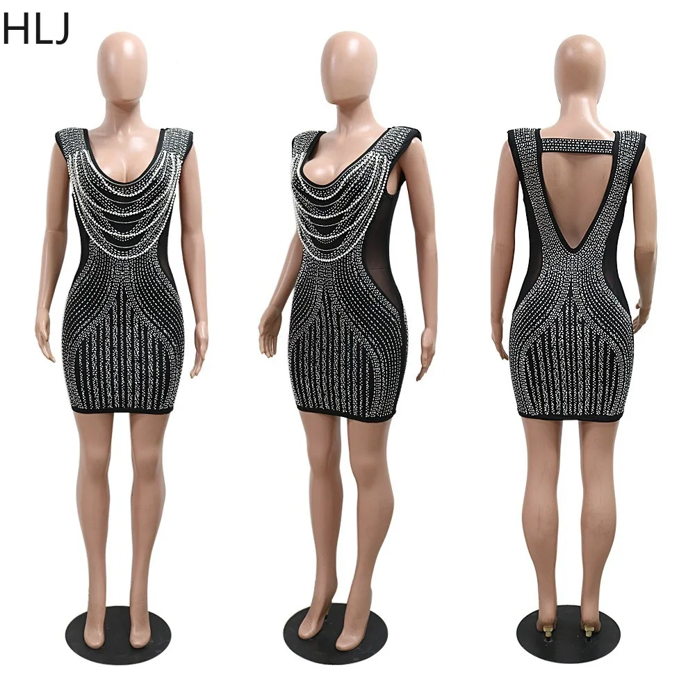 HLJ Sexy Sequin Bodycon Halter Lace Up Party Club Mini Dresses Women Sleeveless Backless Slim Slit Vestidos Fashion Streetwear