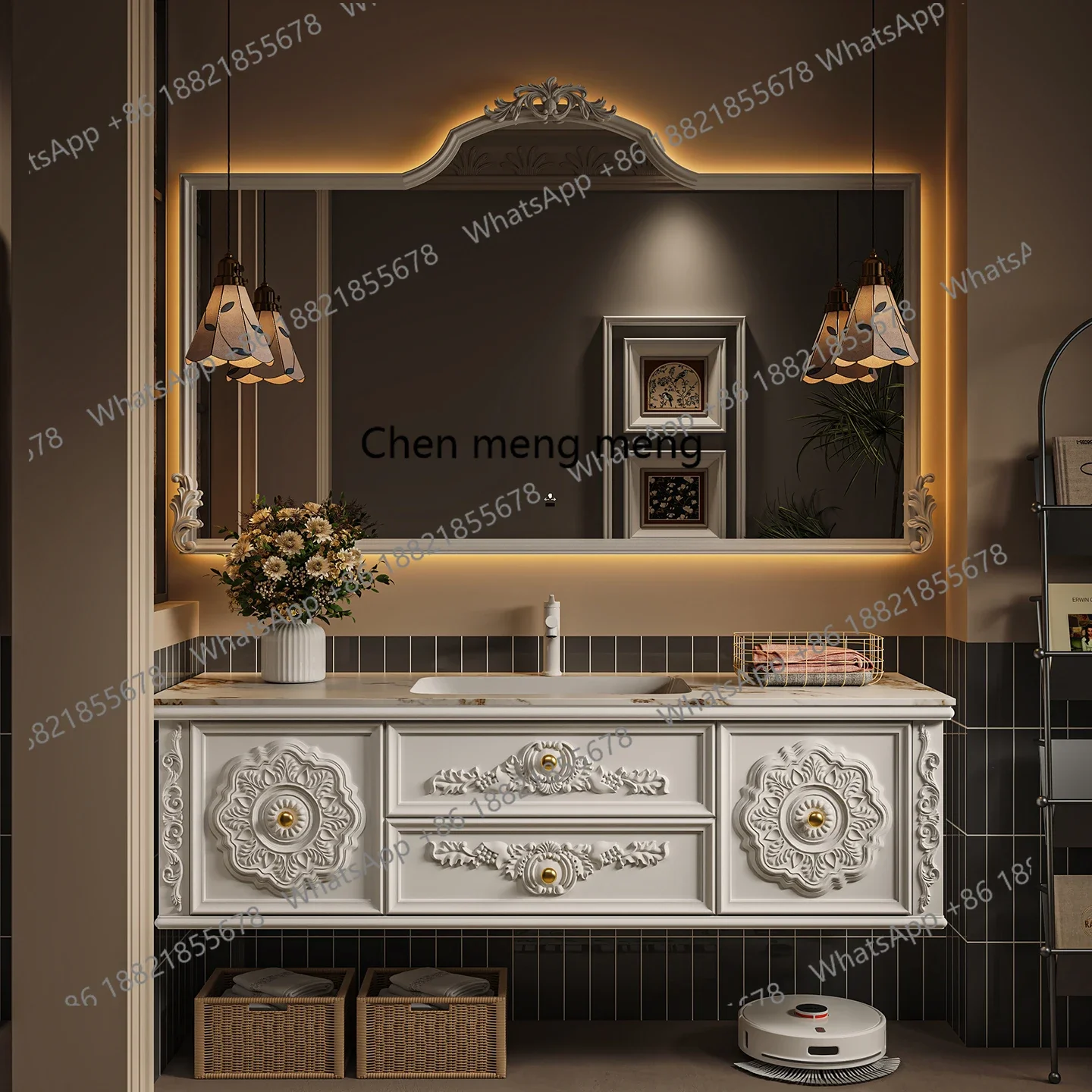 French oak retro bathroom cabinet combination floor-to-ceiling wash basin cabinet smart mirror cabinet