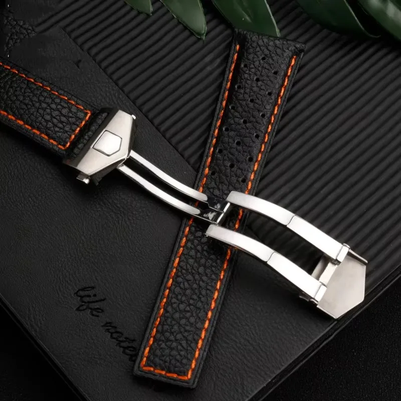 Para tag heuer monaco carrera caw211r/p pulseira de couro genuíno com fivela dobrável lichia impressão pulseira homem f1 pulseira