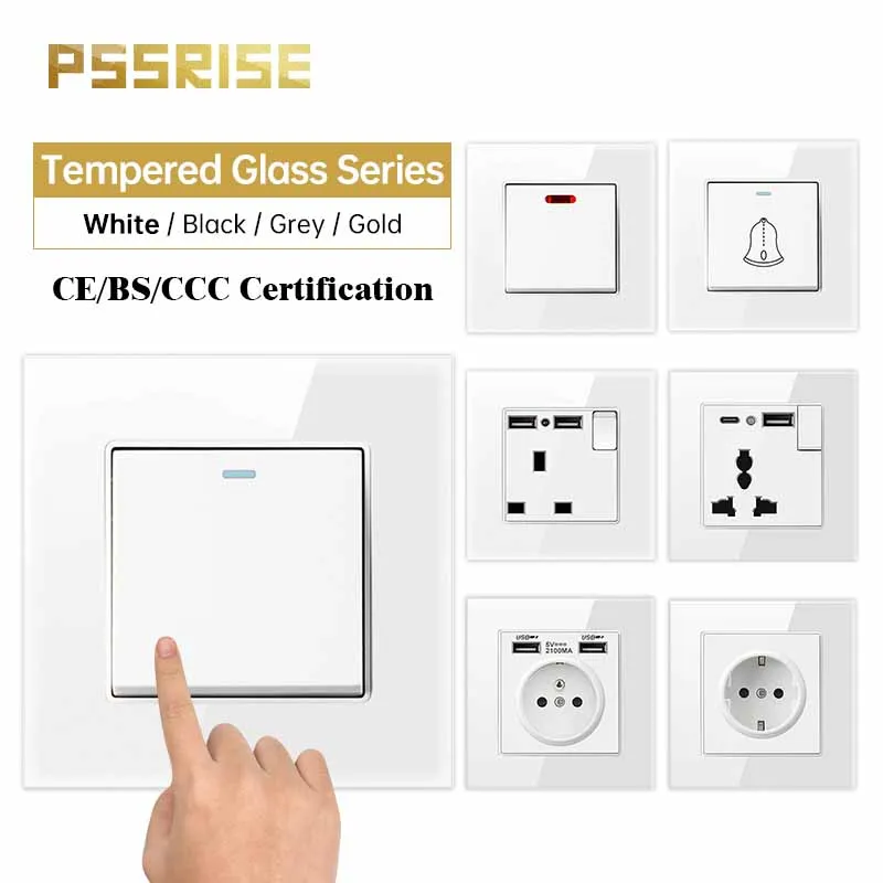 PSSRISE EU UK French Wall Switch Socket with 5V 2.1A USB Type-c Charger Tempered Glass Panel Light Switch Power Outlet 86*86mm