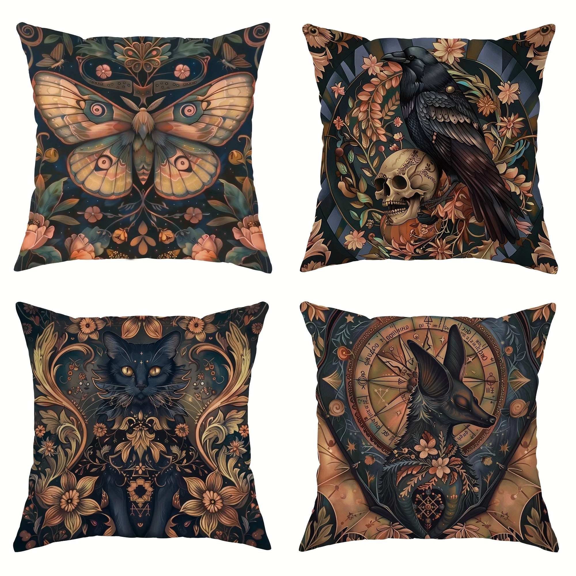 4Pcs Velvet Gothic Halloween Pillow Covers - Skull/Cat/Moth/Raven Floral Print Zippered Cushion Covers for Living Room/Bedroom