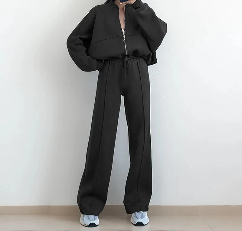 

Autumn Winter Women Fashion Casual Two Piece Set Solid Color Long Sleeve Round Neck Coat High Waist Wide-leg Long Pants Set