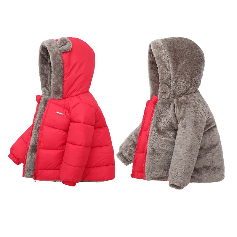 

2024 Winter Children Lamb Cashmere Down Cotton Jacket Baby Boys Girls Hooded Outerwear Kids Double-sided Keep Warm Zipper Coat