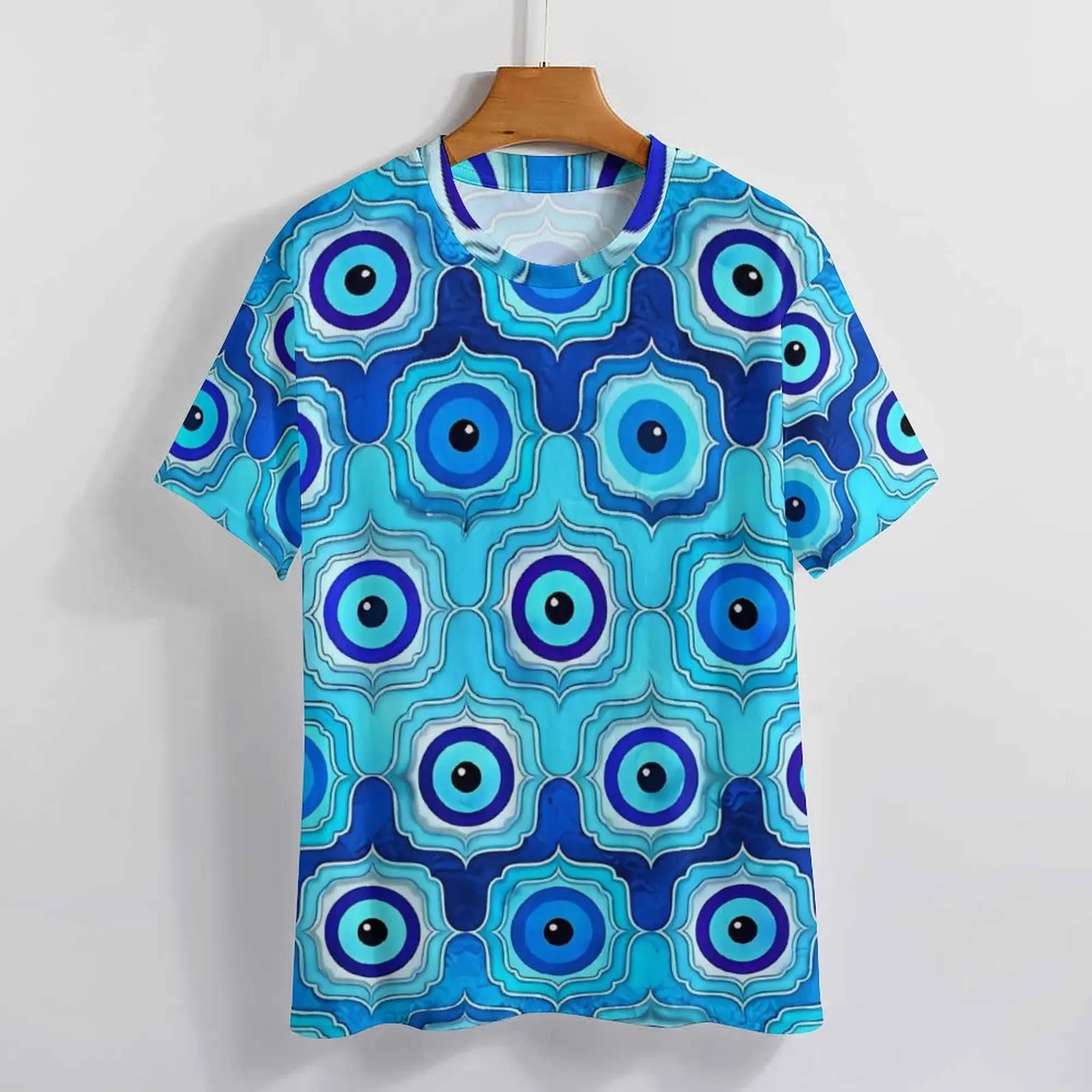 Female T-Shirt Evil Eye O Neck T-Shirts Short Sleeve Blue Glass and Silver Pretty Printed Tops Street Style Top Tees Large Size