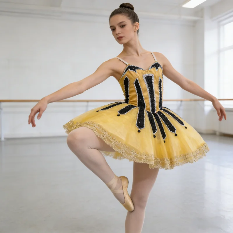 Womens Thin Strap V Neck Ballet Performance Dress Black Stripe Sequin Contrast Bead Drop Gold Lace Fluffy Tutu Dancewear Suitabl