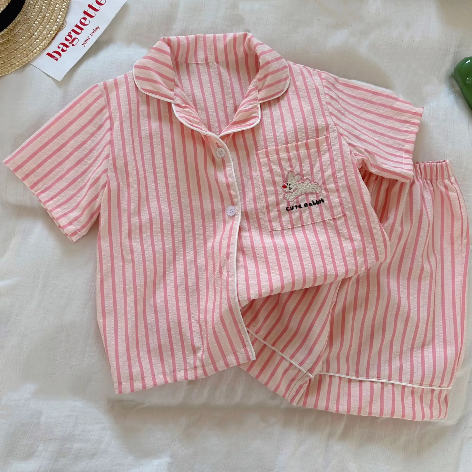 2025 New Children's Soft Cotton Pajama Sets Panda Striped Short Sleeve Button Shirt+shorts 2 Pieces Suit Thin Cotton Homewear