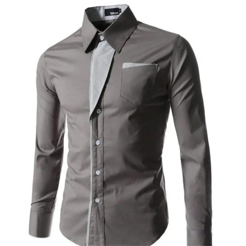 Camisa ajustada de manga larga para hombre, camisa informal con estampado de rayas empalmadas, cuello tipo Polo Simple, moda coreana, primavera y