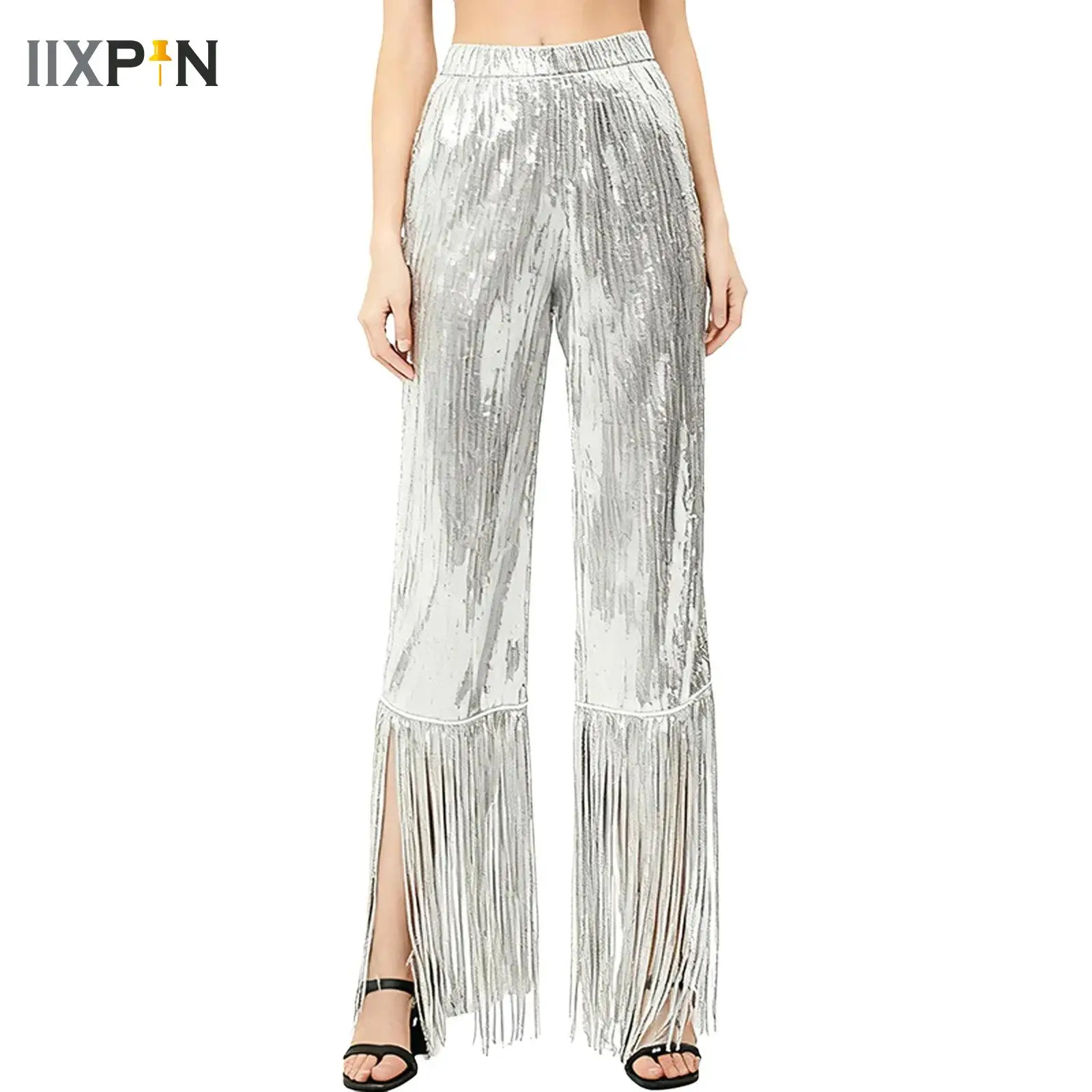 

Women Jazz Dance Pants Disco Latin Tango Cha-cha Rumba Ballroom Performance Costume Sequin Wide Leg Fringe Trousers Clubwear