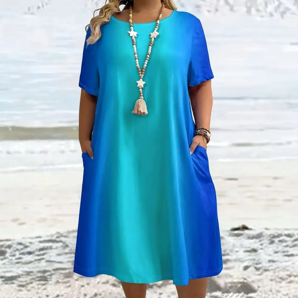 Womens Summer Dress Ethnic Floral Print Round Neck Short Sleeve Midi Dresses Loose Casual Plus Size Comfortable Wear
