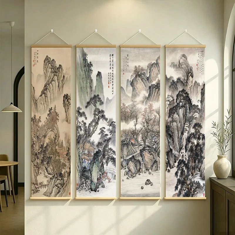 wall decor Chinese Mountain Landscape Scrolls Pine Waterfall Canvas Wall Art for Boutique Hotel Lobby and Guesthouse Decor
