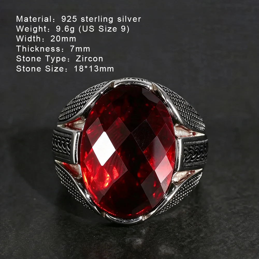 Real Pure 925 Sterling Silver Rings With Red Color Zircon Stone Faceted Wedding Rings For Men Vintage Turkish Jewelry