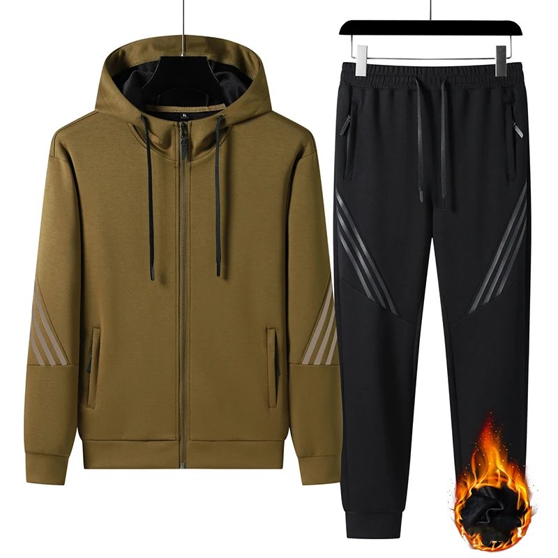 Winter Men Casual Fleece Sport 2 Pieces Tracksuits Suits Men Thick Sportswear Outdoor Hike Sets Male Jogger Classic Hooded Suits