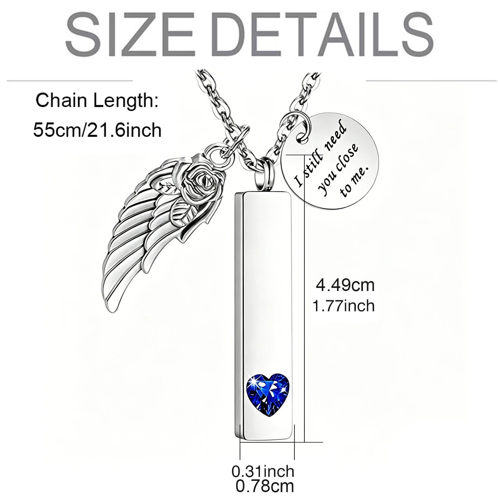 Bar Urn Necklace for Men Women Cremation Jewelry for Ashes with Angel Wing Charm Stainless Steel Cremation Memorial Ash Pendant