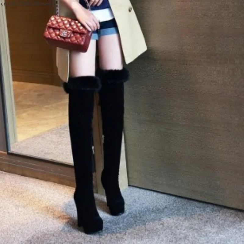 Women Faux Fur Trim Over The Knee Boots Platform Block Heel Thigh High Boots Side Zipper Suede Winter Party Long Boots Black Red 5