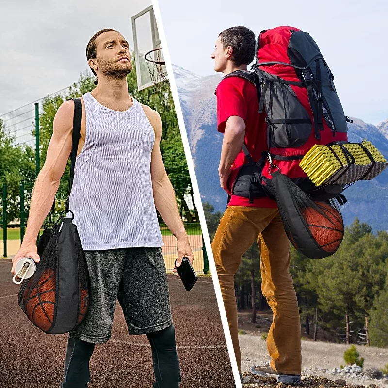 Reißfeste Netz-Balltasche für Einzelbälle, passend für Basketball, Fußball, Volleyball, Umhängetasche mit verstellbarem Riemen und Reißverschlussfach – Detail 7