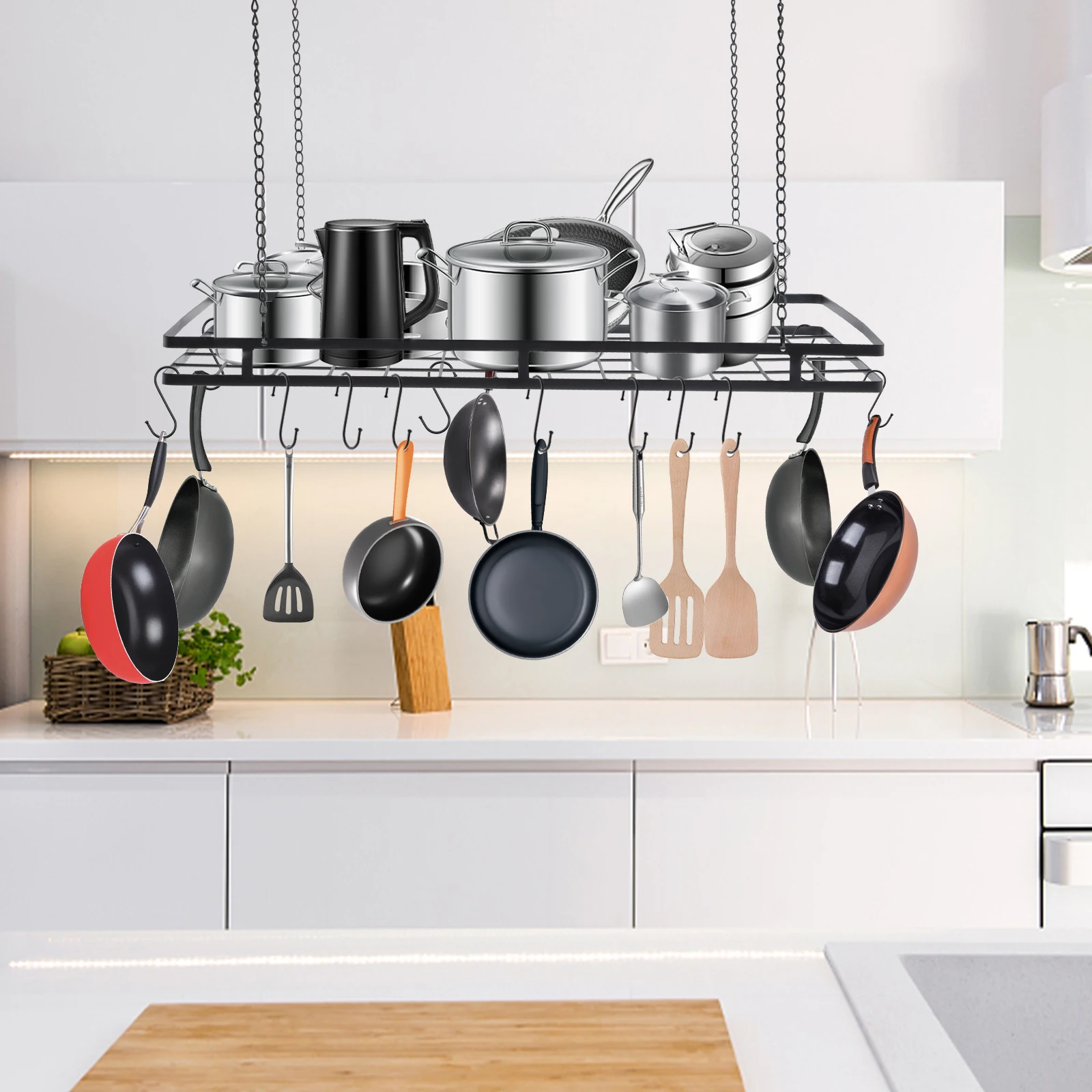 Ceiling Pot Rack and Pan Rack for Ceiling with 12 Hooks Storage Rack Multi-Purpose Organizer Kitchen Storage 80*40*5cm