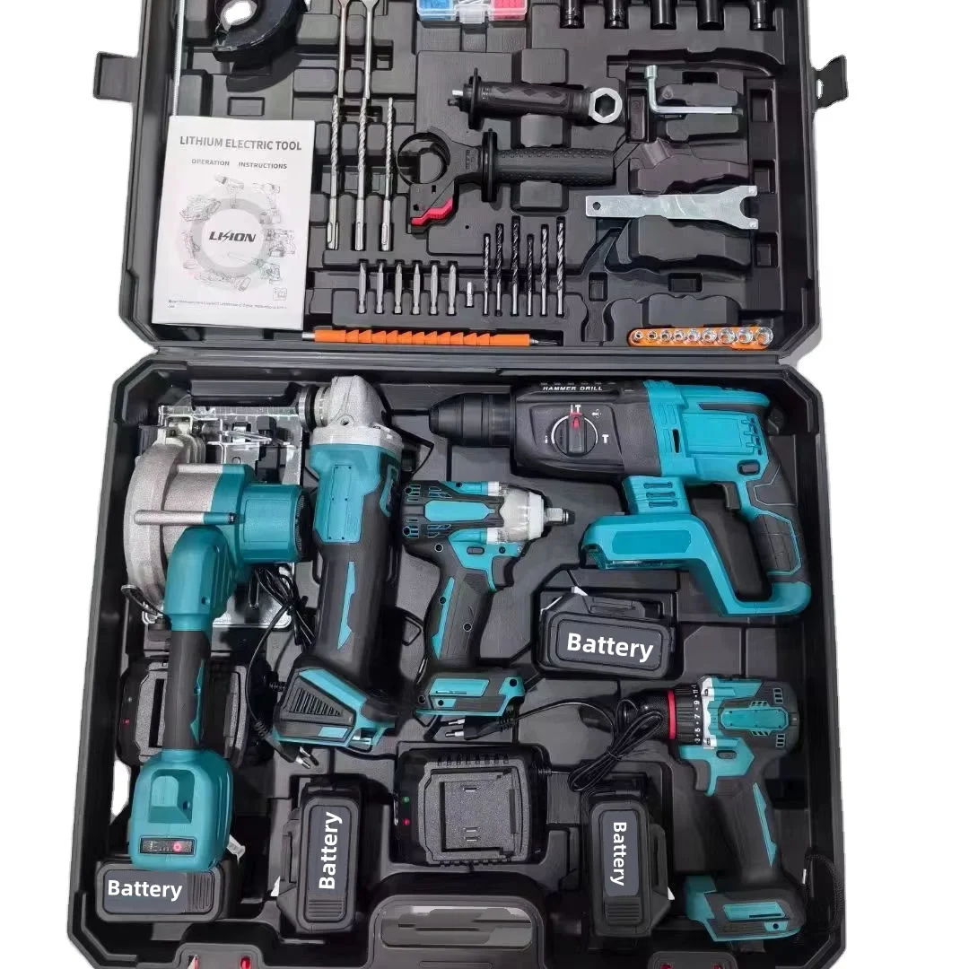 

Professional 21V 5 In 1 Angle Grinder Electric Hammer Power Wrench Power Drill Tool Combo Kit Cordless Power Tool Set