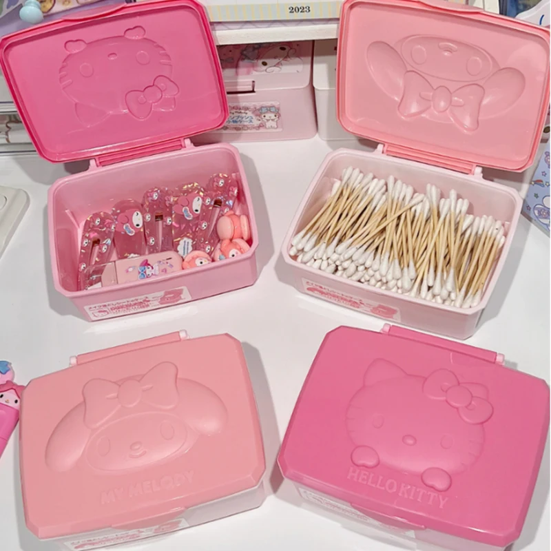 Boîte de rangement Sanrio Hello Kitty Melody, boîte de rangement pour coton-tiges, tampons de coton, papeterie, avec couvercle rabattable, cadeaux