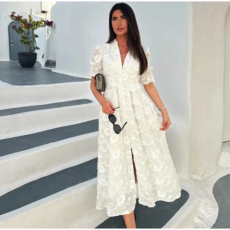 

Vintage White Party Long Dresses Women Luxury V-neck Printed Single Breasted Split Evening Robes 2024 New Lady Chic Street Dress