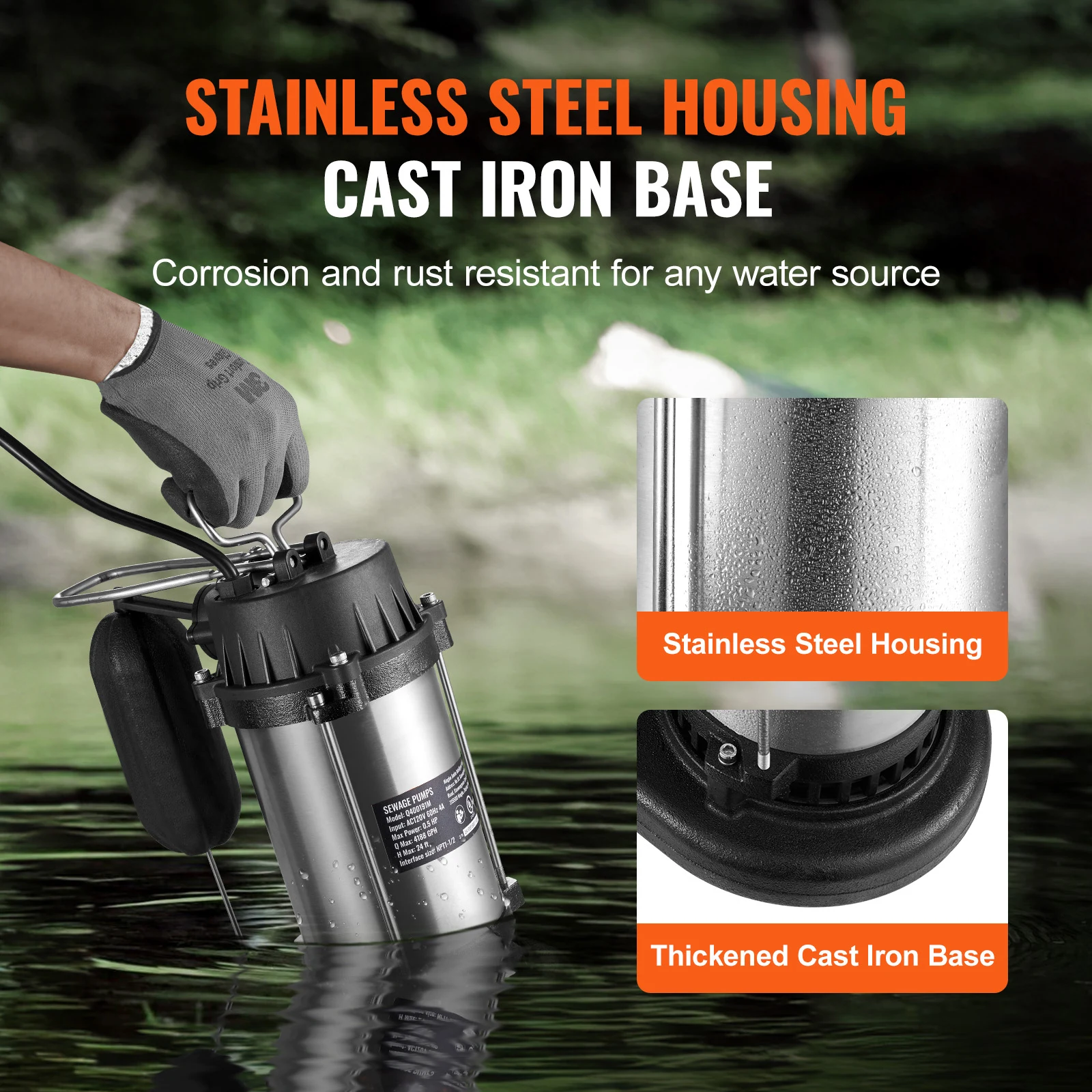 مضخة مياه الصرف الصحي الغاطسة SucceBuy من الحديد الزهر مع مفتاح تعويم تلقائي من الفولاذ المقاوم للصدأ لمزرعة ساحة الطابق السفلي النظيف #3
