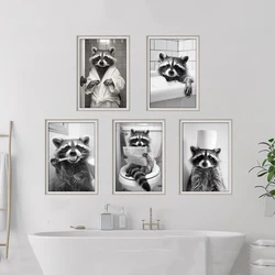Cute Raccoon Sitting on Toilet Brushing Teeth & Paper on Head Painting Canvas Painting Fun Toilet Canvas Pictures Bathroom Decor