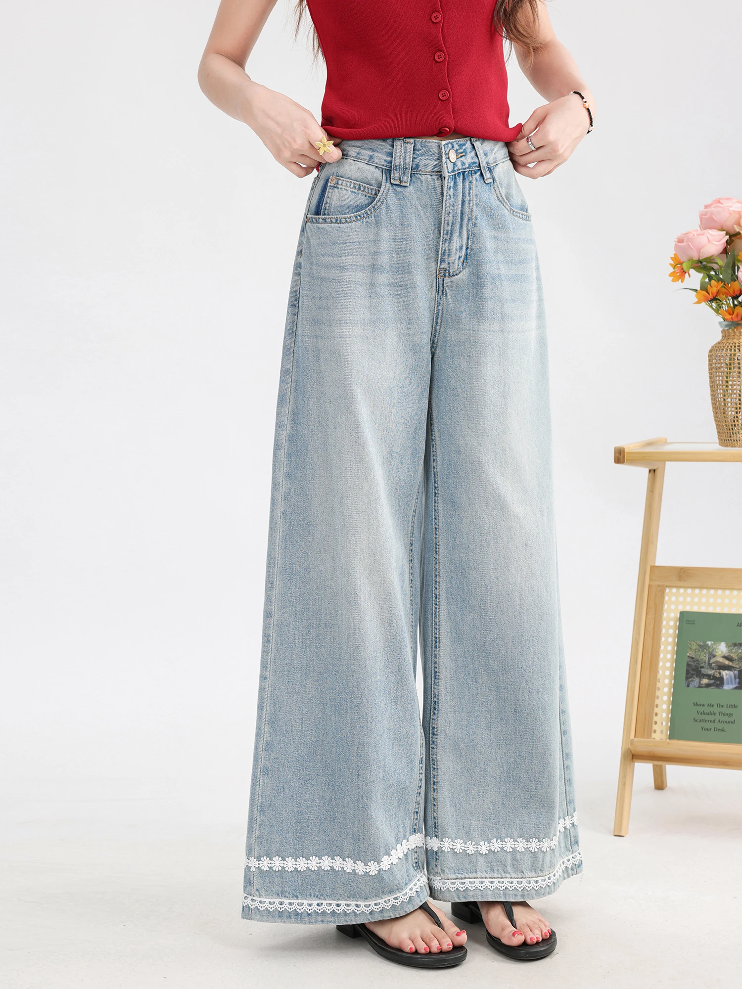 

Blue Lace Design Wide Leg Pants High Waist Slimming Versatile Denim Long Trousers Summer New Arrival Women's Casual Jeans