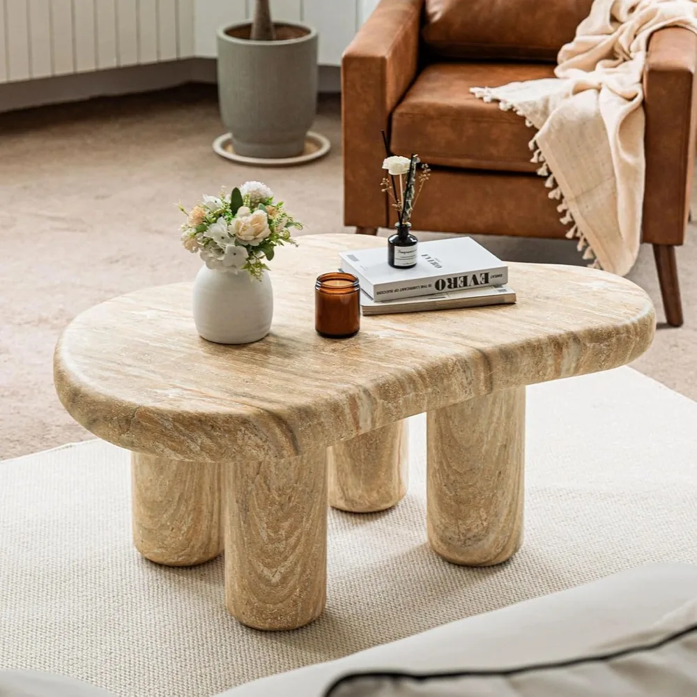 Mesa de centro elegante em nuvem inspirada em pedra – tampo tipo mármore curvo natural, peça central para sala de estar/quarto