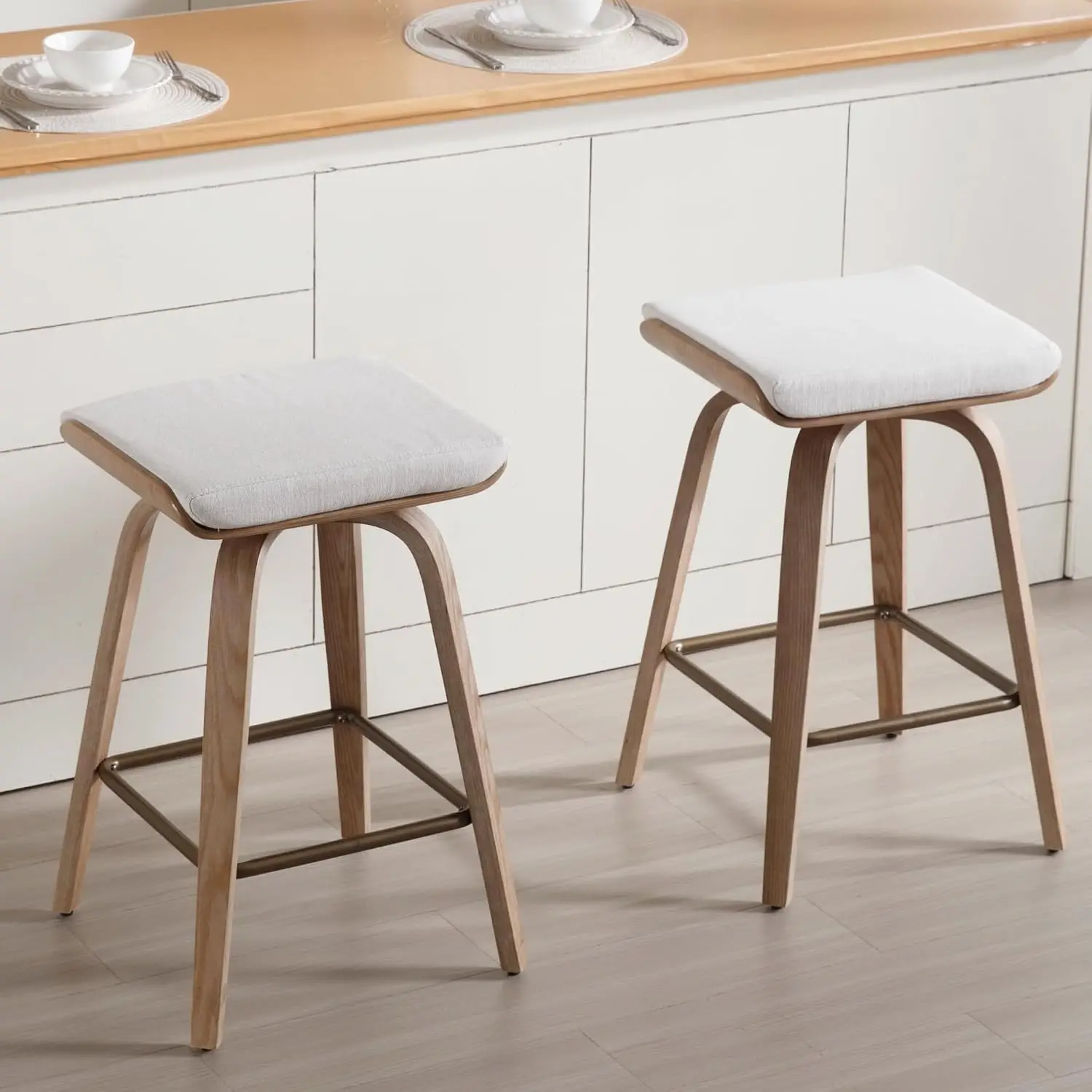 Swivel Bar Stools Set of 2 for Island Kitchen, 26 Inch Modern Backless Wood Counter Height Bar Stools Linen Upholstered 360 Swiv view 6