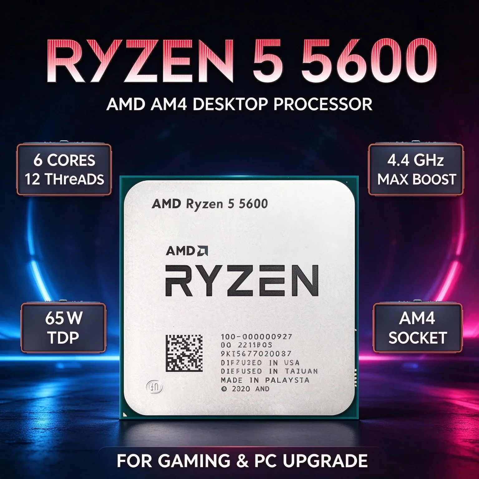 AMD Ryzen 5 5600 Socket AM4 Processor 3.5GHz 6C 12T 32M L3 7NM For B450 B550 Motherboard PC Upgrade 100-000000927 Without Cooler