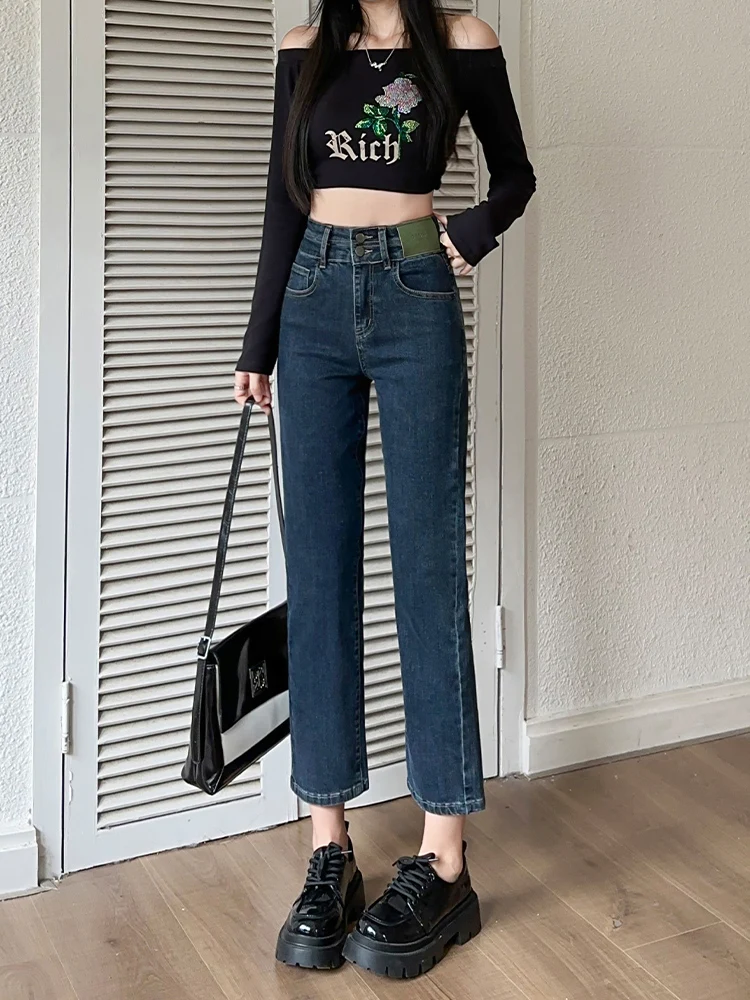 

Slim Straight High Waist Blue Grey Denim Jeans Women's Spring Autumn Cotton Stretch Fabric Anti-Wrinkle Form-Fitting Jeans