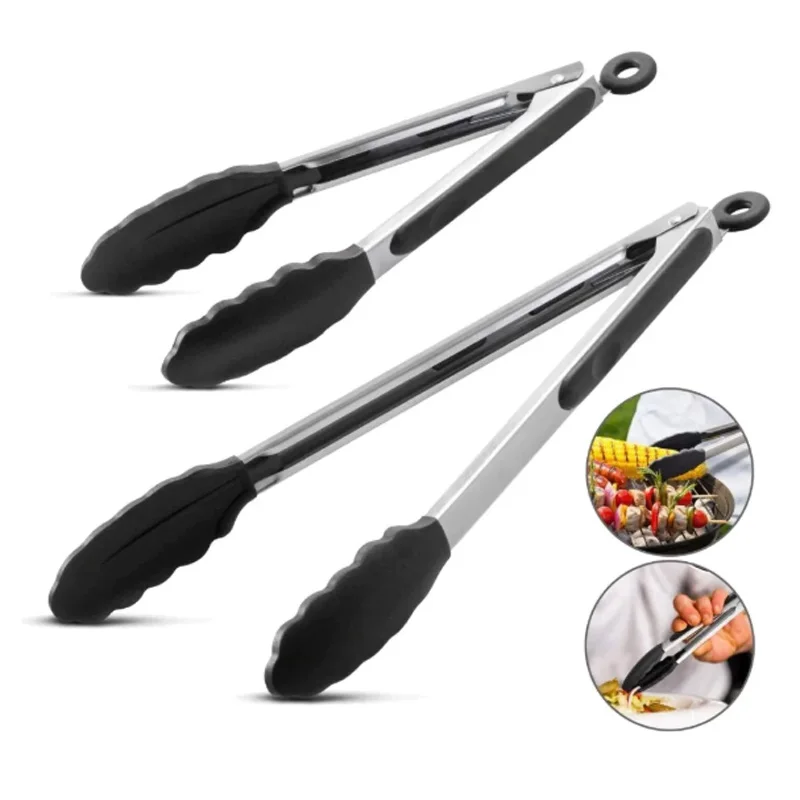 9-inch Silicone Food Tongs Grill Stainless Steel Food Grade Silicone Tip Non-slip Food Tongs BBQ Tongs Kitchen Utensils