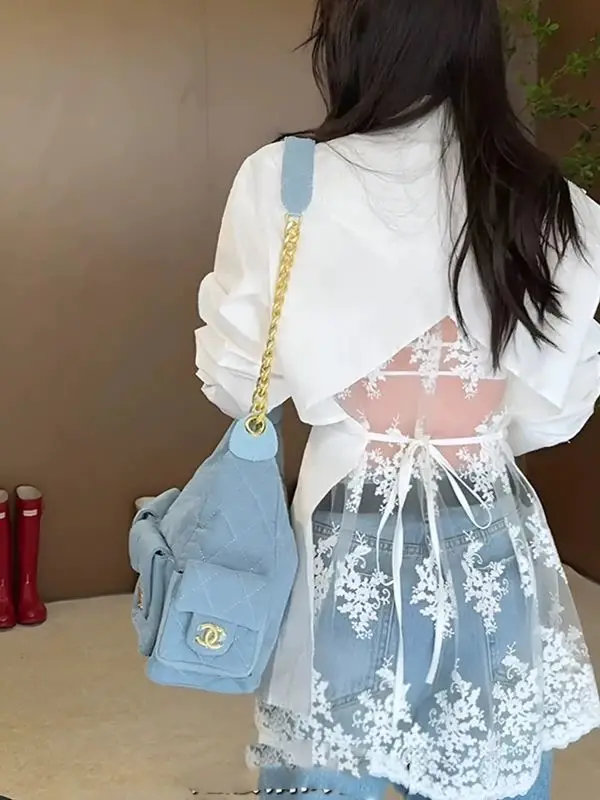 

Korejpaa 2025 Spring New Women Shirt Korean Style Shrinking Waist Lace Splicing Backless Shirts Gentle Simple Solid Blusas