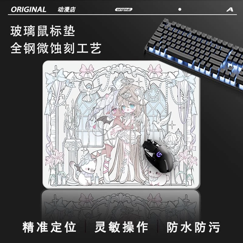 Bow Anime Angel Girl FOR-WWallhackS Glass Mouse Pad HD Tempered Smooth FPS Esports Office Mouse Mat Desktop Computer Desk Pad