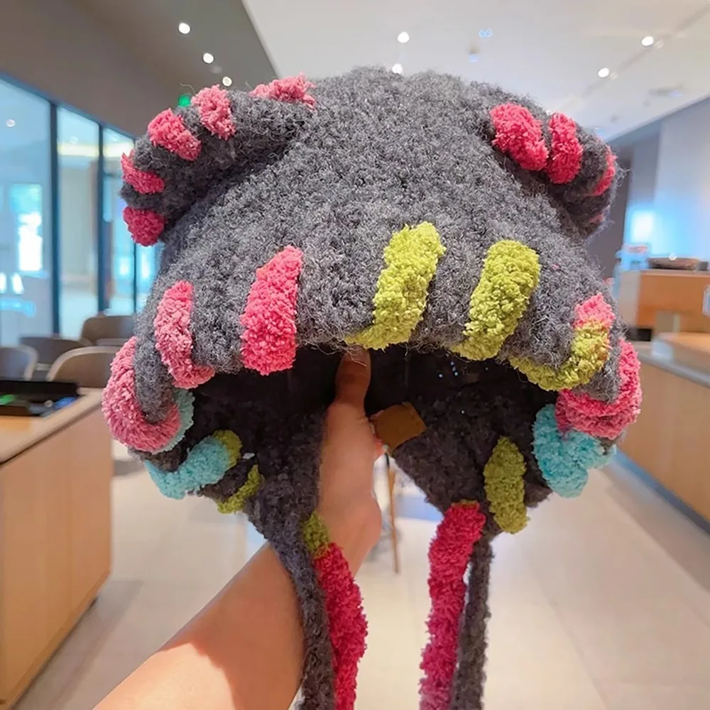 

Lightweight Warm Ear Knitted Fleeces Hat Windproof Adjustables Rainbow Headgear Hat Elastic Tassels Straps Winter Beanie Cap