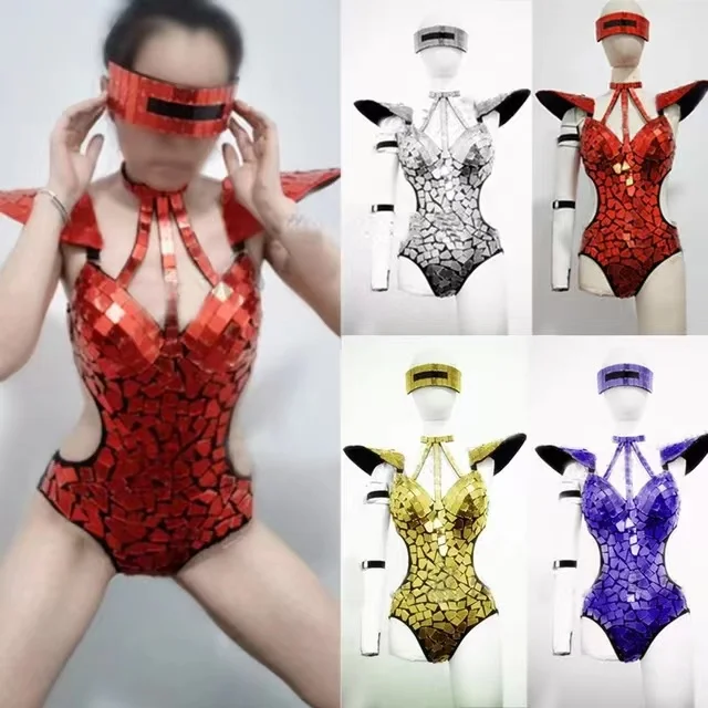 

Mirror Bodysuit Women Exaggerated Shoulders Sequins Dance Outfit Stage Performance Clothes Festival Clothing Gogo Costume