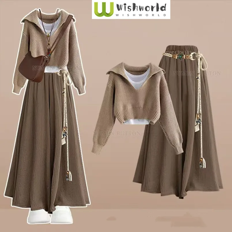 

Temperament Set Women's Spring and Autumn Aging Knitted Sweater Vest Casual Skirt Pants 3-Piece Set