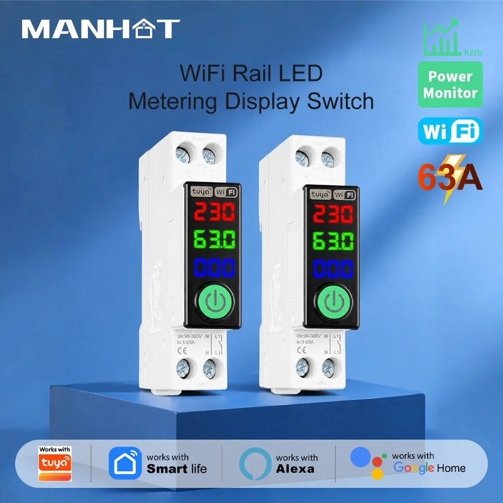 1P 63A Smart WiFi Circuit Breaker With LED Metering Display Current Meter Over Under Voltage Protector Remote Control Switch