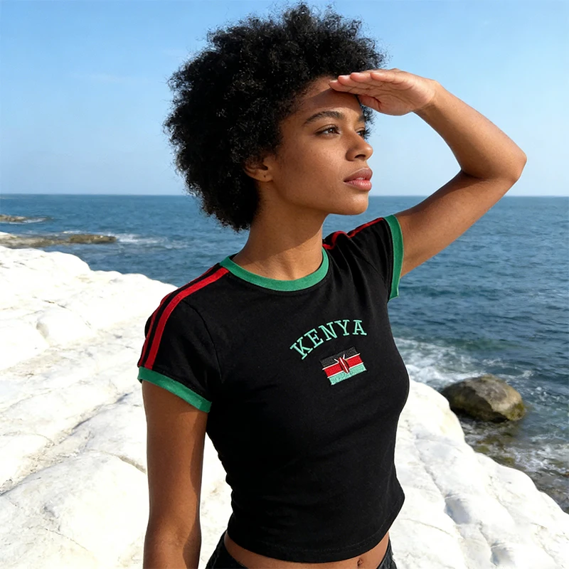 2000s Women Clothing Summer Round Neck Y2K Inspired Kenya Flag Embroidered Baby Tee Retro Black  Crop Top Fit Casual Streetwear﻿