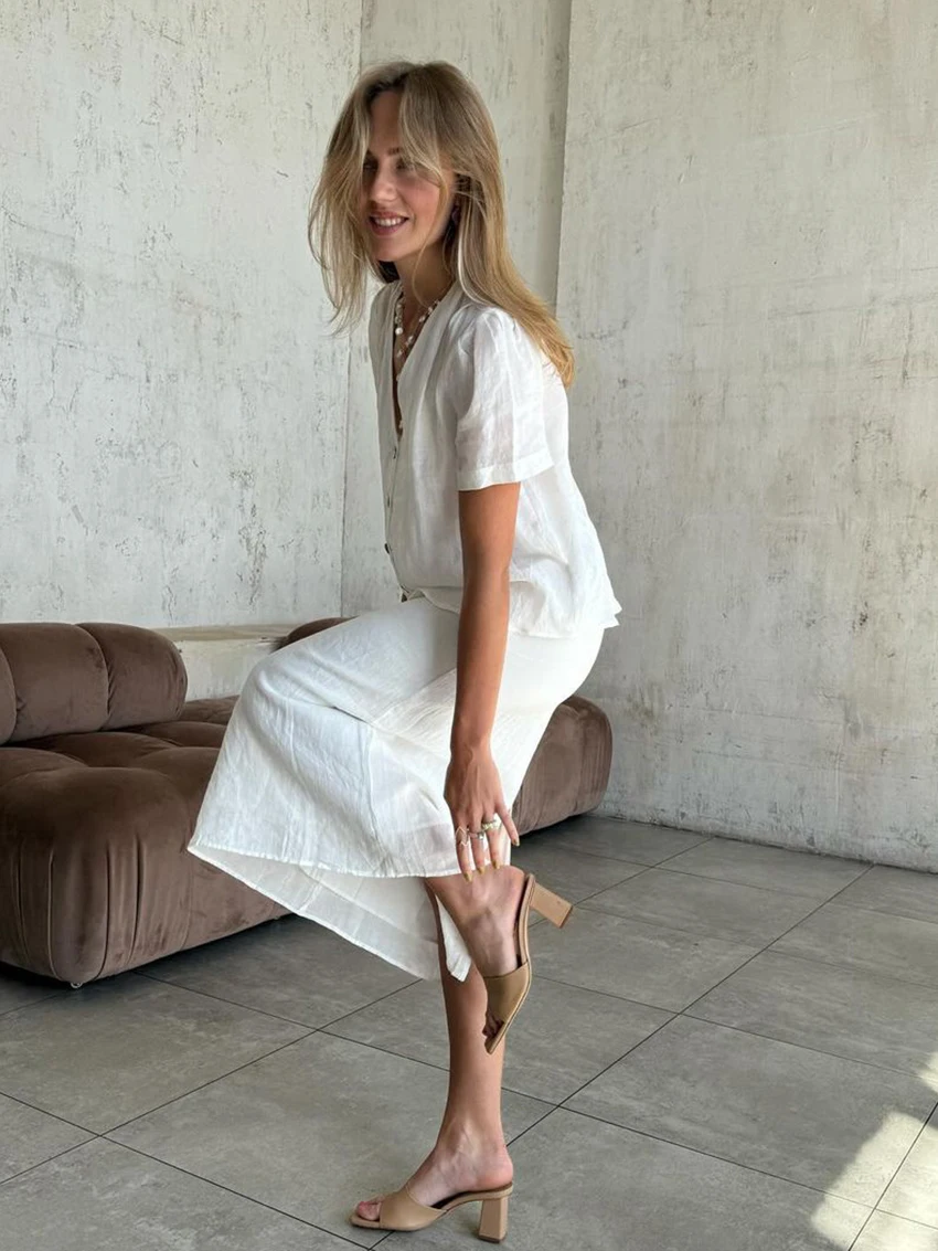 Marthaqiqi Summer Female Nightgowns Suit Sexy V-Neck Sleepwear Short Sleeve Nightwear Long Skirt Casual Women Pajama 2 Piece Set