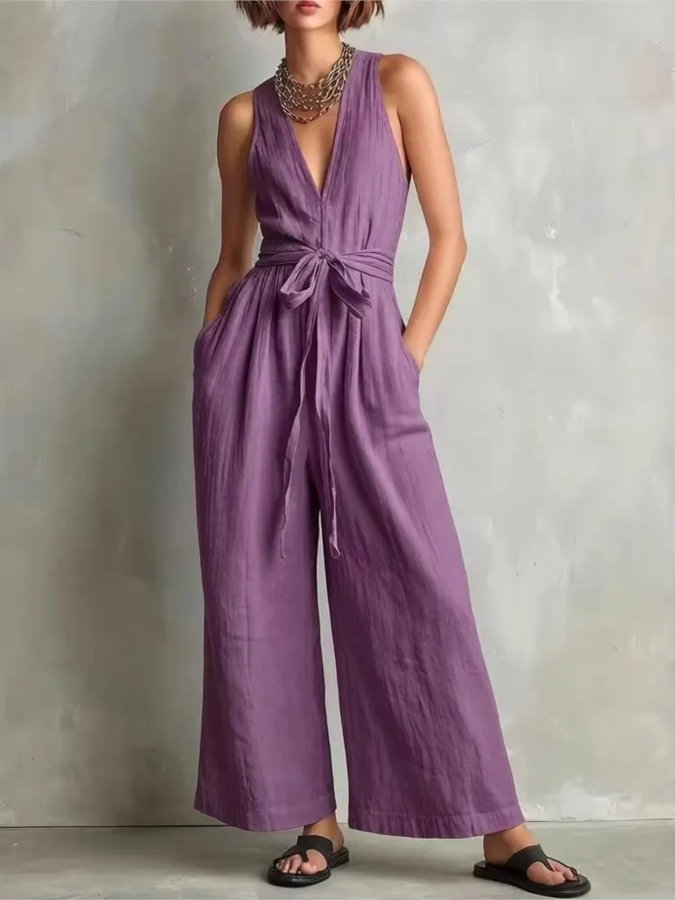 Summer Sleeveless Jumpsuits For Woman High Quality 2026 Fashion cotton linen Solid Color Wide Leg Rompers Elegant