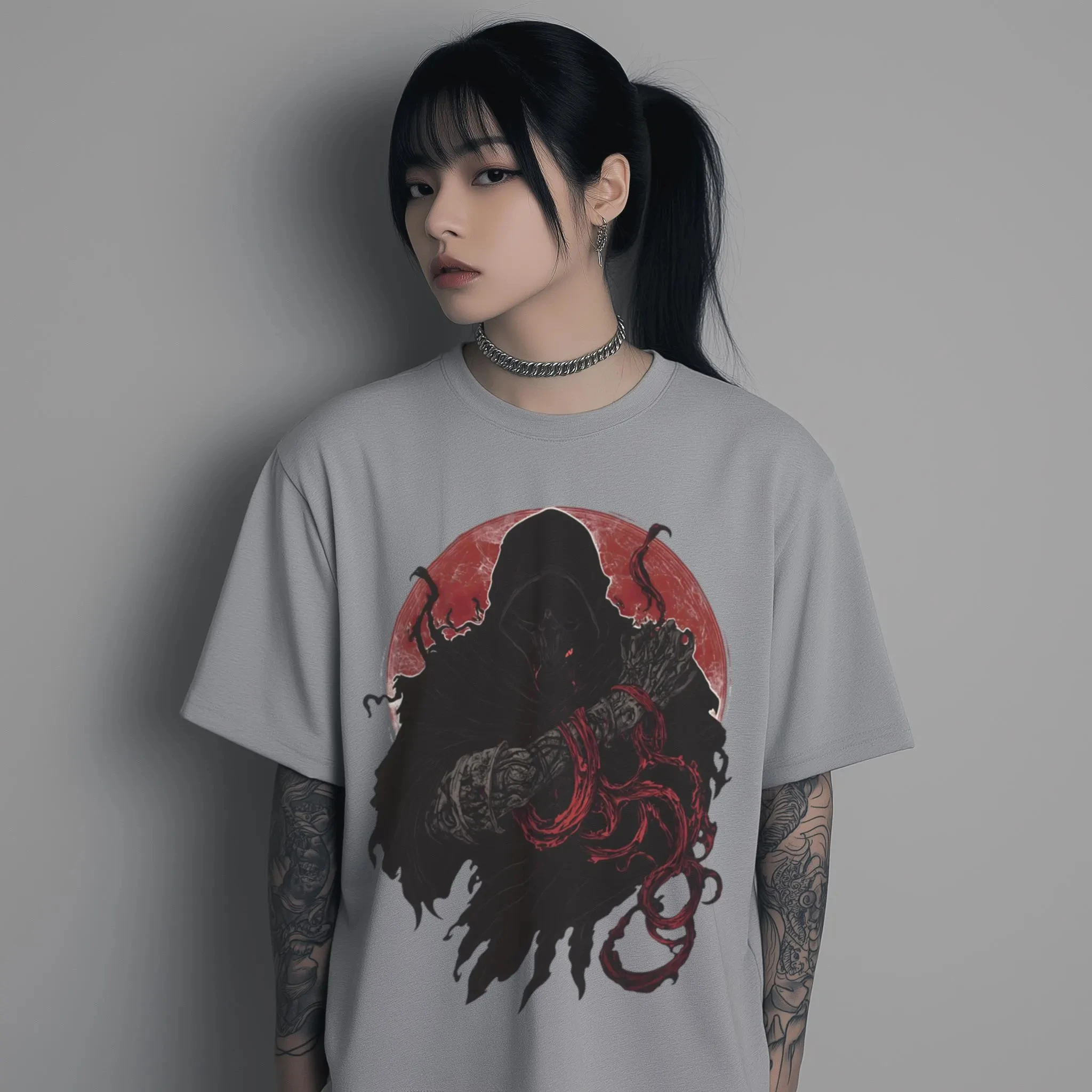 Summer Men's Cotton Gothic Japanese Skeleton Assassin Print Comfortable Breathable Street Hip Hop Daily Sport Men's Short Sleeve