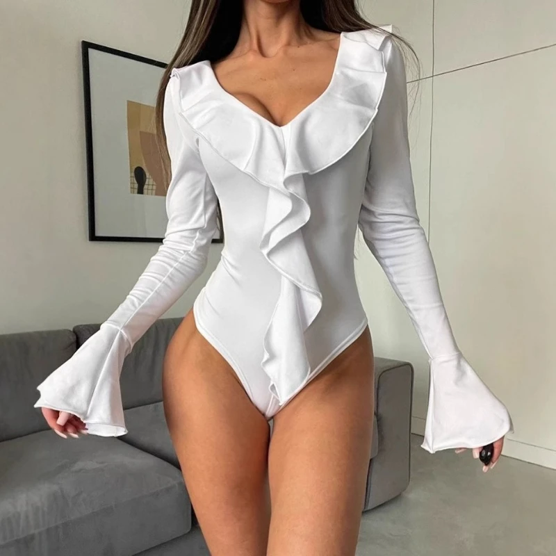 

Боди, женская одежда, женский сексуальный модный комбинезон-комбинезон, новый летний комбинезон с v-образным вырезом и рюшами, расклешенными рукавами, тонкий топ, женский комбинезон