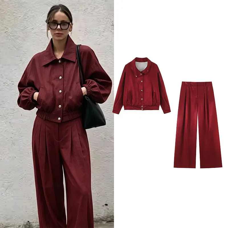 Women's loose casual jacket Pants New 2026 Autumn High-Neck Bomber Jacket High Waist Wide-Leg Trousers Female Outfit