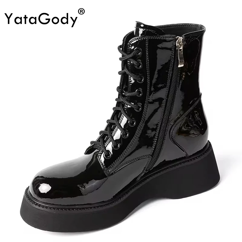 

YATAGODY Size 34-39 Women Chelsea Ankle High Boots Genuine Leather Strappy Short Booties Wedges Platform Shoes Fall Winter 2024